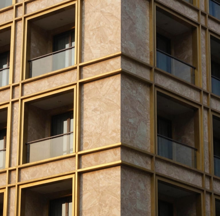 Close-up architectural detail of a luxury apartment building facade in Delhi, featuring champagne gold metal cladding, warm golden-hour shadow play, premium stone finishes