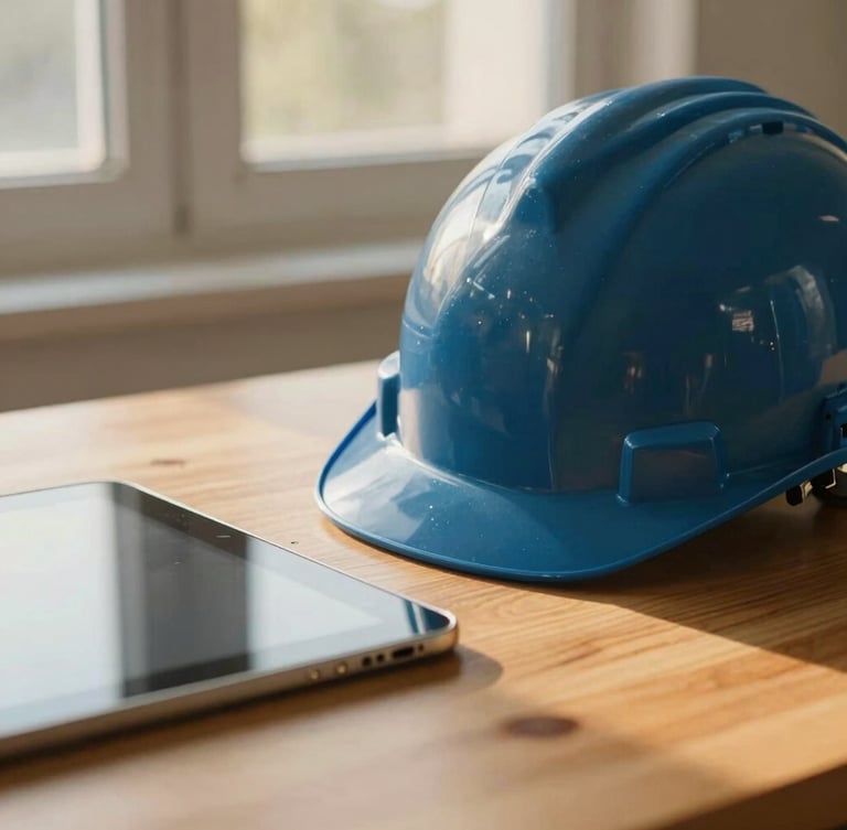 Close-up of a construction hardhat resting on a clean wooden desk next to a modern tablet, warm golden-hour light streaming in from a window, soft depth of field