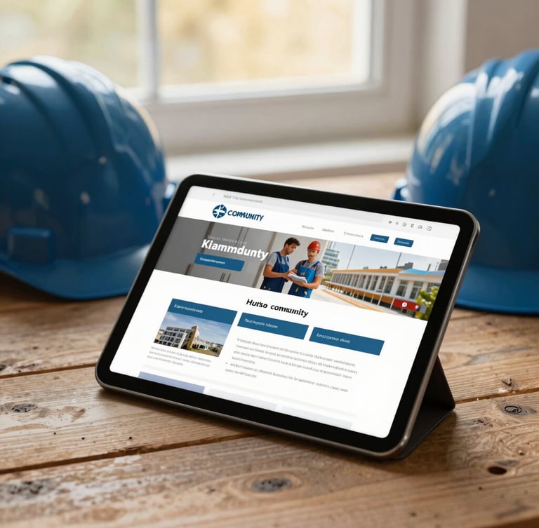 Close-up of a tablet displaying a clean community website next to a physical construction hardhat on a rustic wooden table, soft natural window light