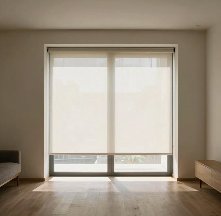 Straight-on architectural elevation of a minimalist living room, automated roller shades descending from a hidden ceiling recess, bright natural daylight casting soft geometric shadows, high-end furniture.