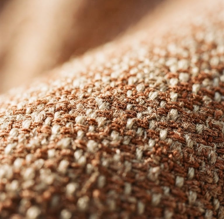 Close-up editorial photograph of a tightly woven technical fabric, showing texture and detail under warm daylight, shallow depth of field.