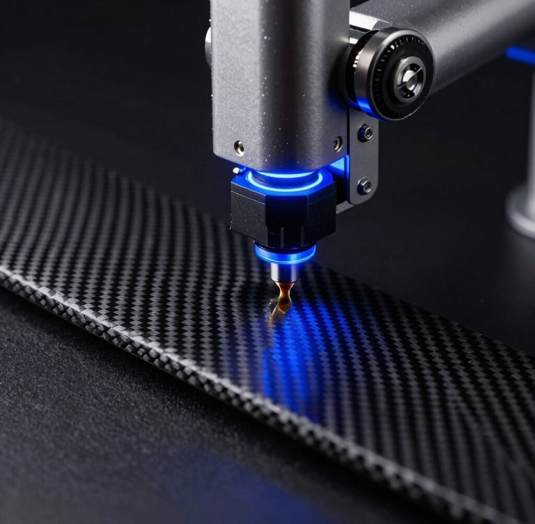 Macro-scale studio photography of a robotic print head depositing continuous carbon fiber layers under low-key electric blue rim lighting, dark background.