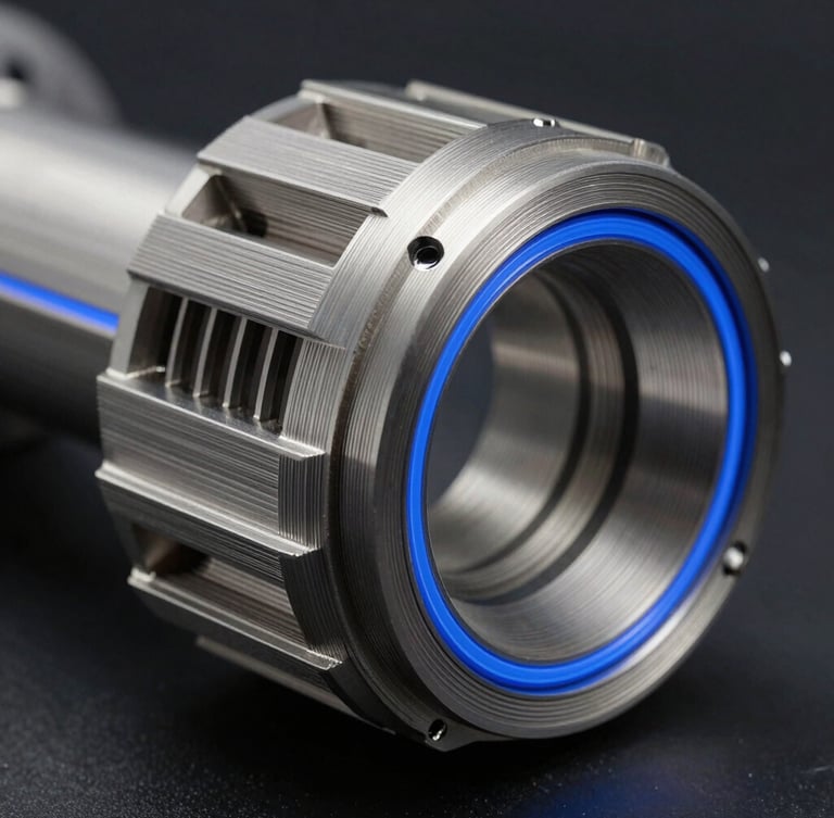 Macro photography of an industrial-grade additive aerospace part showing precise titanium layer lines under sharp blue rim-lights, dark background.
