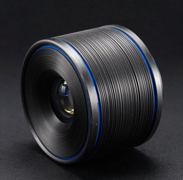 Macro photography of an industrial-grade additive part showing precise layer lines, high-contrast low-key studio lighting with sharp blue rim-lights, dark background.