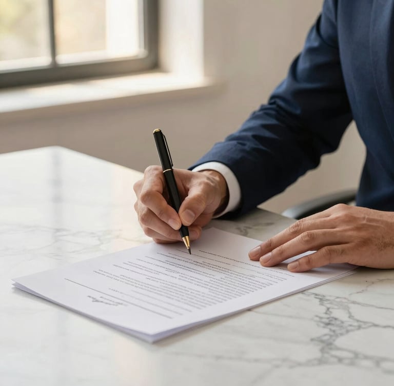 Close-up of professional hands signing a legal document on a clean marble desk, warm natural window light, deep navy tones