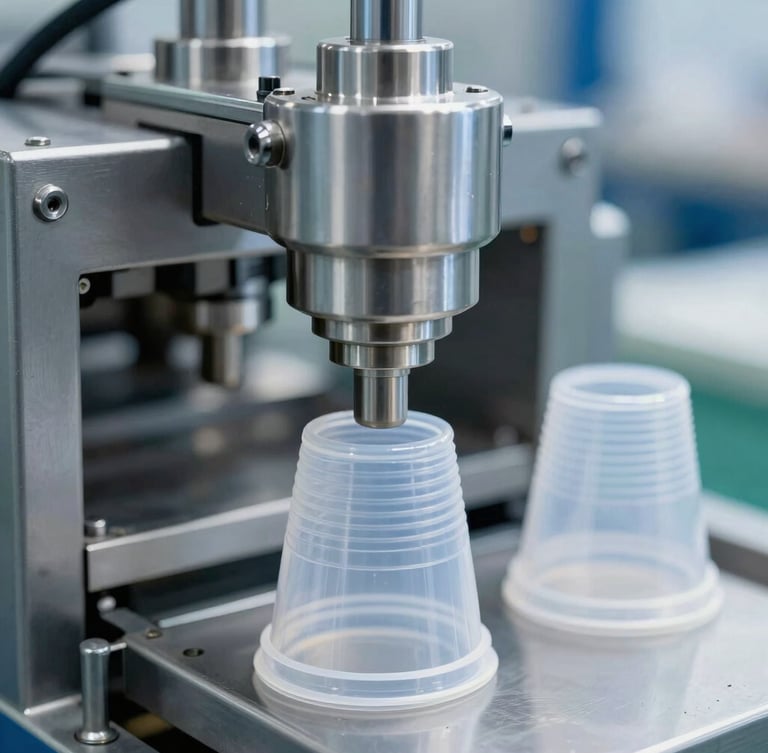 Sharp industrial close-up of stainless steel packaging machinery forming plastic cups under bright clean factory lighting