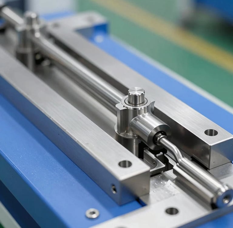 Sharp industrial photography, bright clean factory lighting, metallic steel and blue tones, high detail macro of stainless steel thermoforming molds, 50mm