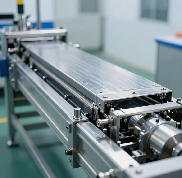A wide-angle, sharp industrial photograph of a stainless steel thermoforming packaging line in a bright, clean factory