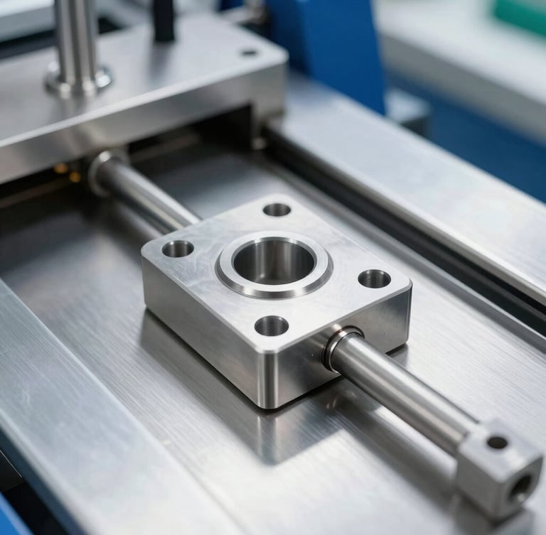 Close-up of a stainless steel forming mold on a thermoforming packaging line, metallic surfaces reflecting bright clean factory light, sharp detail