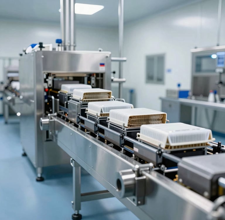 Wide environmental shot of a complete stainless steel thermoforming packaging line in a cleanroom dairy facility, bright industrial lighting