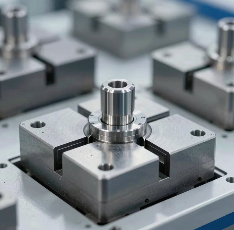 Close-up of high-precision stainless steel forming molds and mechanical assemblies under bright industrial lighting, cleanroom environment