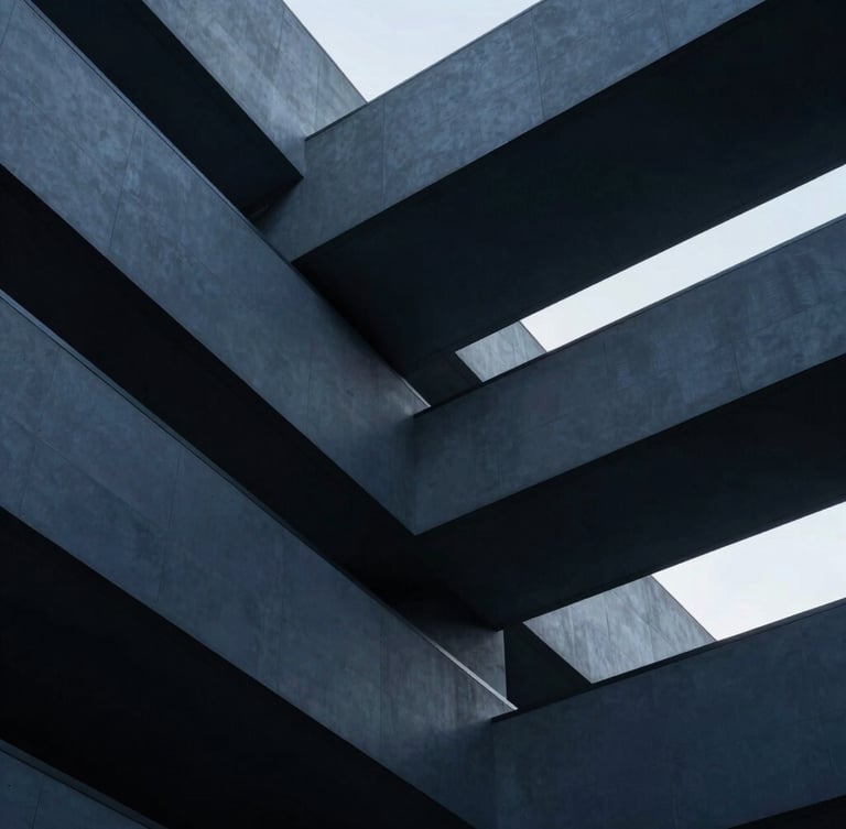 Sleek editorial photography of abstract architectural geometry with clean lines and sharp angles, cool low-key corporate lighting, deep navy and slate tones, sharp focus, 35mm