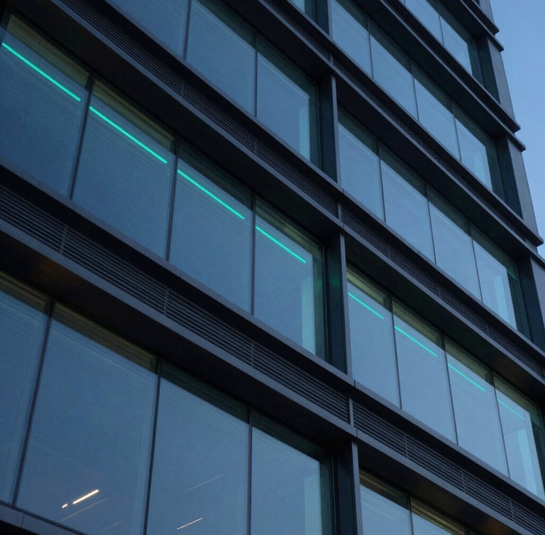 Macro low-key corporate architectural perspective, sleek steel and glass structure at dusk, cool blue and neon teal ambient glows, sharp focus, 35mm