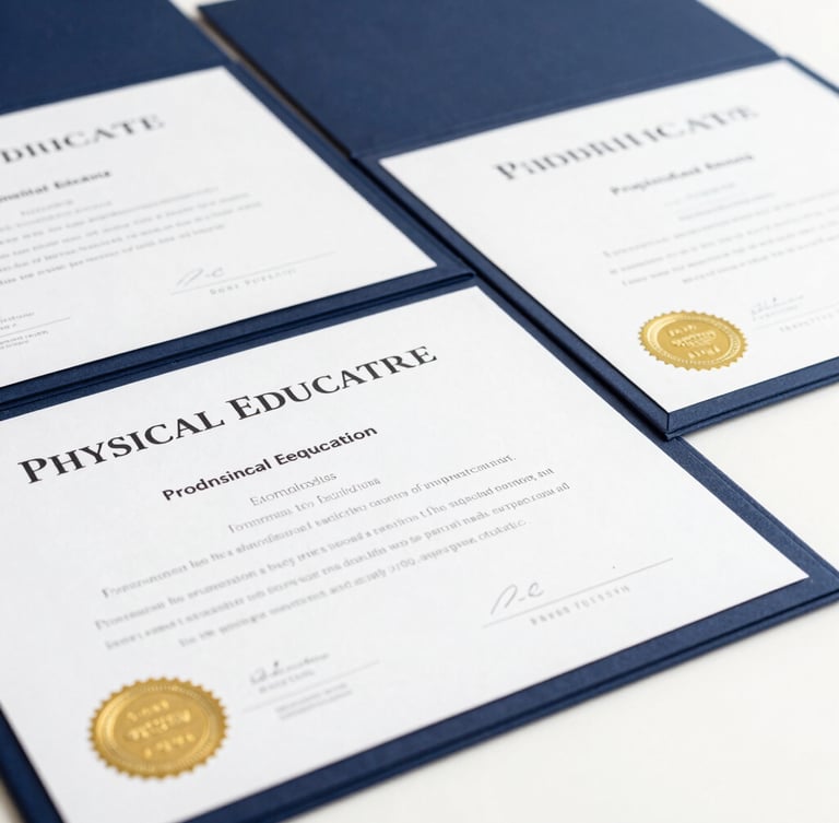 Crisp flat-lay document photography of professional physical education certificates, clean studio lighting, sharp focus on elegant typography and gold seals, navy blue background