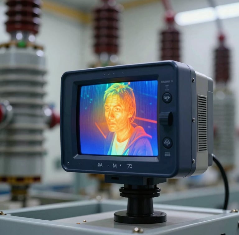 Close-up of a high-resolution thermal imaging camera diagnosing an electrical substation, sharp contrast, highly detailed, industrial setting