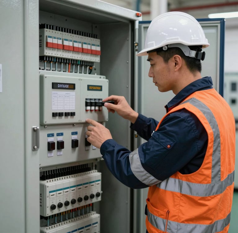 Certified electrical engineer in clean high-visibility PPE, inspecting a complex industrial control panel, sharp focus, technical precision, 35mm