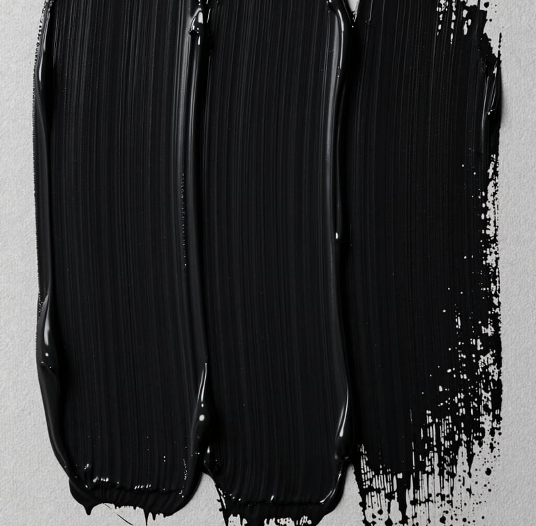 Extreme close-up of thick, textured black acrylic brushstrokes on raw canvas, dramatic directional lighting, high contrast, desaturated tones.