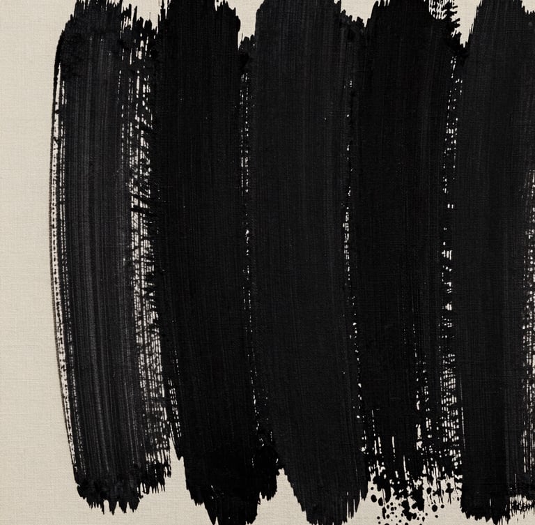 Stark close-up of heavy black brushstrokes on raw canvas-weight cotton fabric, harsh directional studio lighting, deep shadows