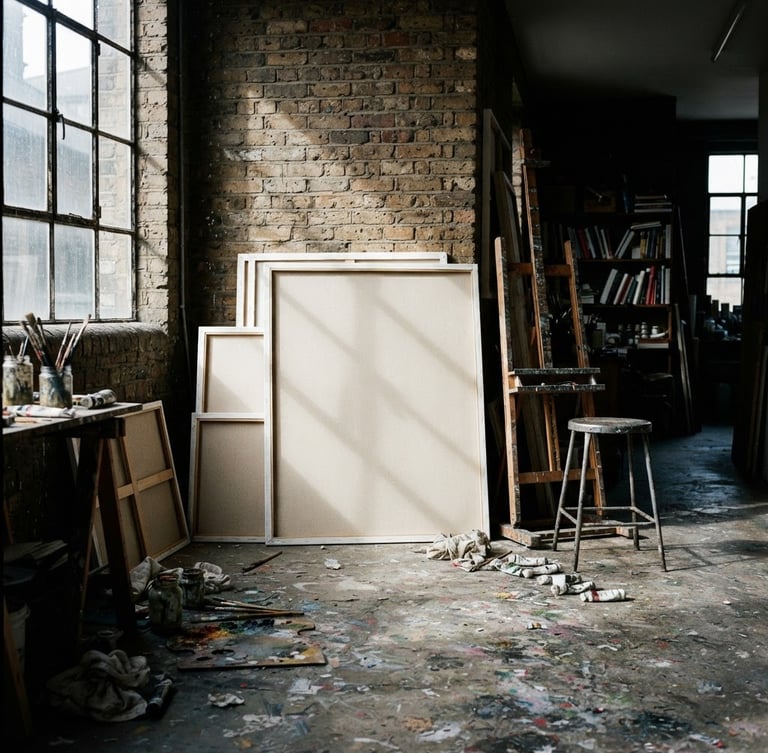 Stark medium format photograph of an artist's studio in London, paint-splattered concrete floors, harsh directional window light casting deep shadows, blank canvases leaning against a brick wall.