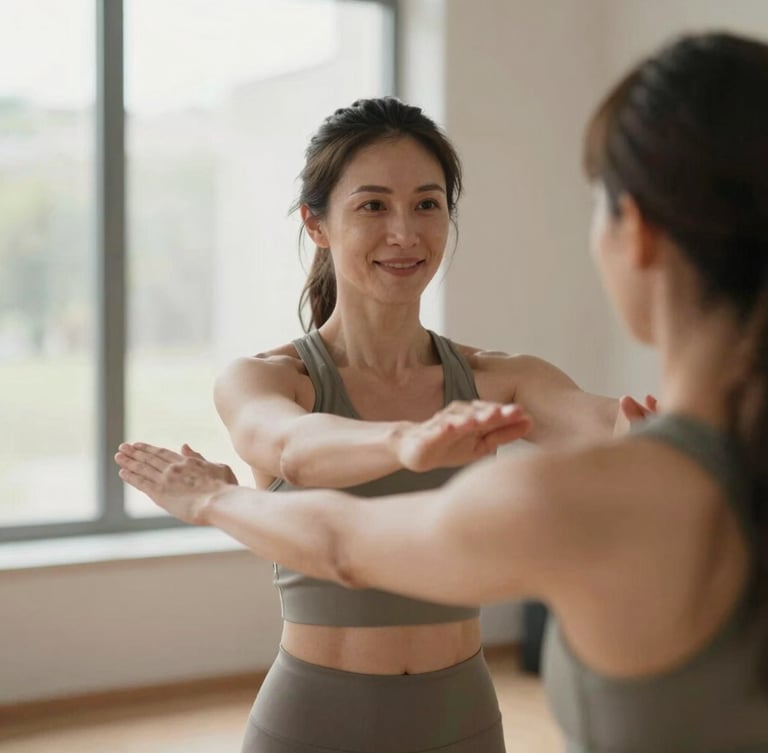 Portrait of a female personal trainer, mid-30s, with a warm, empathetic expression, performing a controlled, light movement with a client in a sunlit studio, soft natural daylight, earthy muted tones, shallow depth of field, 35mm