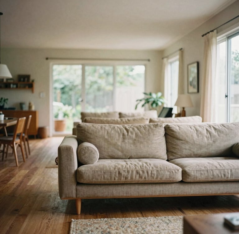 Vertical portrait of a modern midcentury living room with an open layout, showing clear walking paths around a low fabric sofa, warm daylight