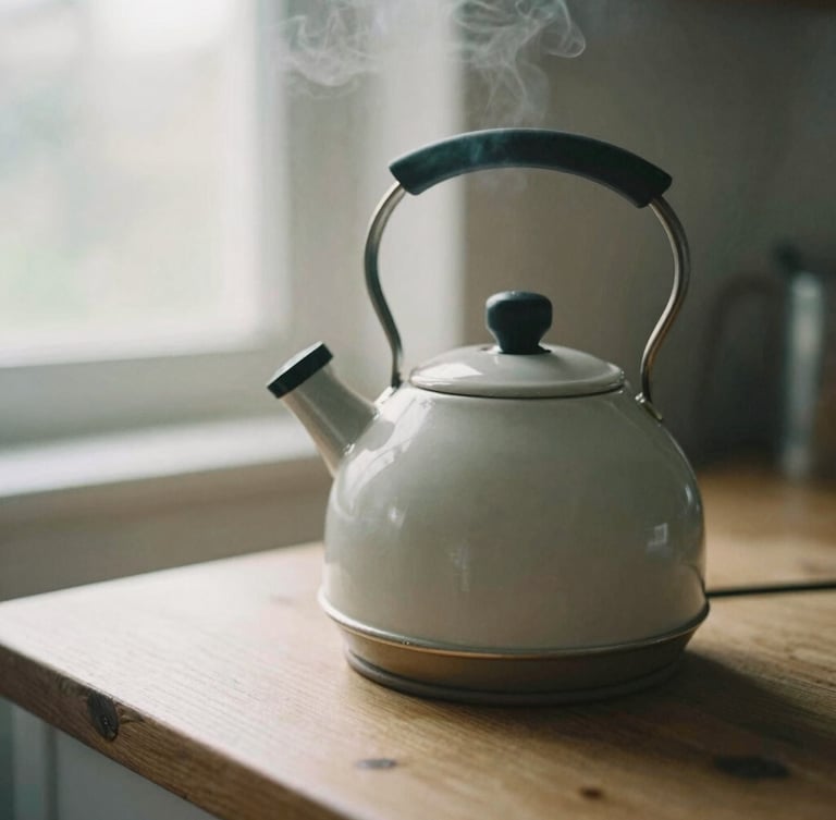 Close-up of a premium matte ceramic kettle sitting on a raw wooden countertop, soft morning light filtering through a window, steam gently rising, 35mm film look, shallow depth of field.