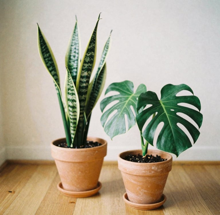 Soft diffused daylight illuminating a healthy snake plant and monstera in terracotta pots on a wooden floor, warm editorial style, 35mm look