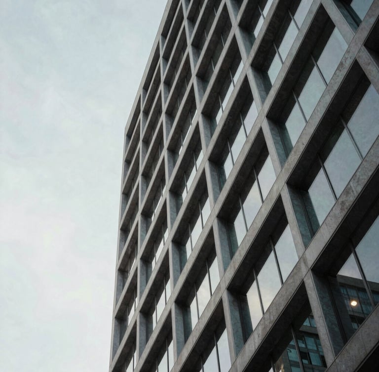 Abstract modern corporate building facade with sharp diagonal lines, steel and glass under soft natural light, minimalist composition, negative space on the left.