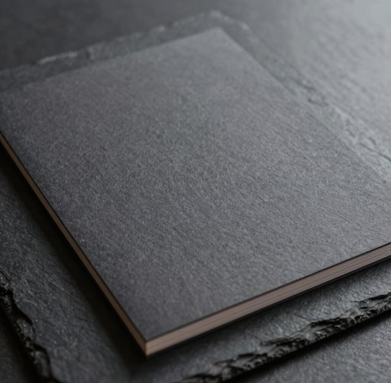 Close-up of fine textured corporate stationery resting on a dark slate surface, elegant minimalist design, soft side lighting, professional and highly structured atmosphere.