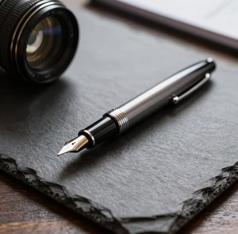 Close-up of fine stationery and a fountain pen on a dark slate desk, natural side light, deep shadows, high-end corporate atmosphere