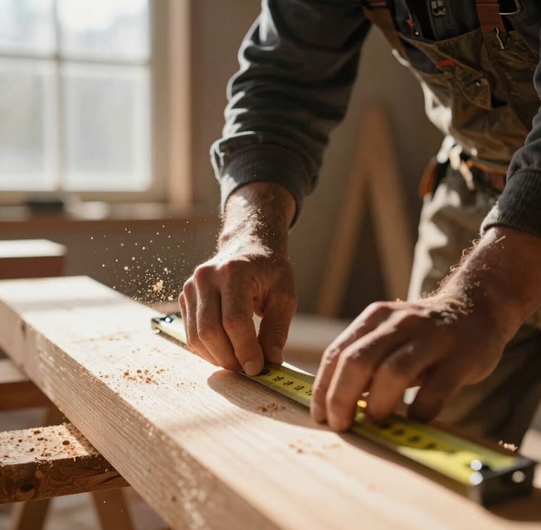 Cinematic close-up of a carpenter measuring raw timber on an active job site, fine sawdust catching dramatic shafts of natural window light, high contrast