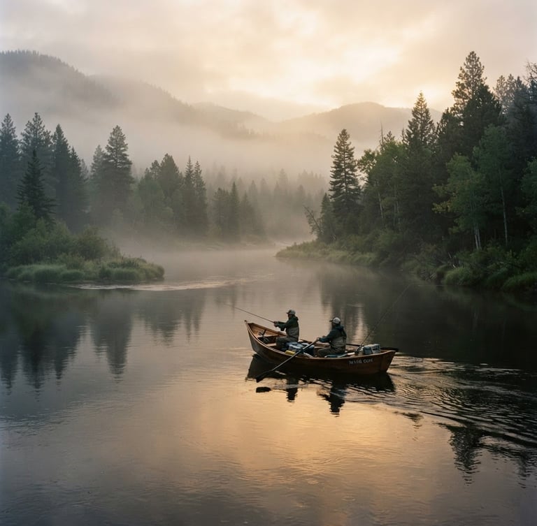 A drift boat gliding silently across a misty morning river bend in McCall, Idaho, soft golden-hour reflections on the clean water, atmospheric 35mm photography.