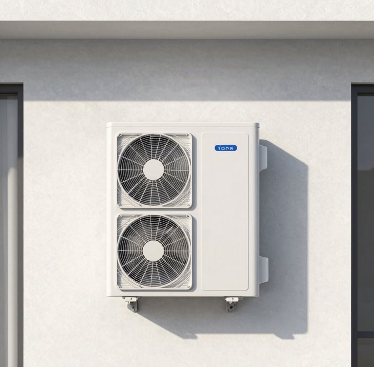 Sleek, modern heat pump integrated seamlessly into a minimalist home facade, clean lines, bright indirect daylight, cool desaturated tones, sharp focus.