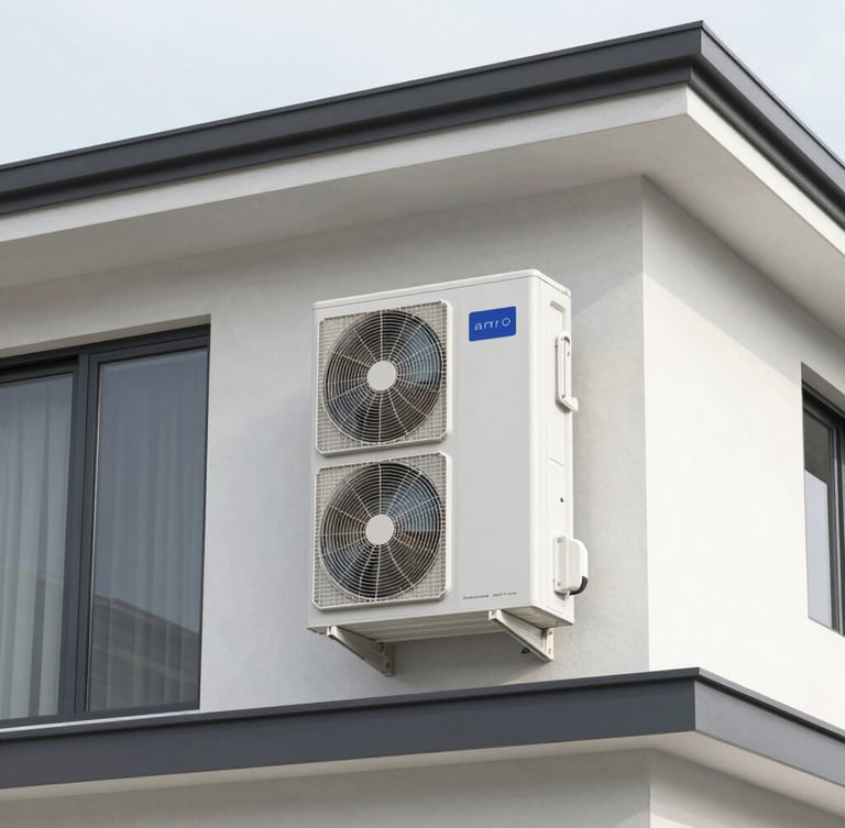 Portrait shot of a sleek, modern heat pump unit discreetly installed on the side of a mid-century modern home, blending with the architectural lines, bright indirect daylight, cool desaturated tones, sharp focus.