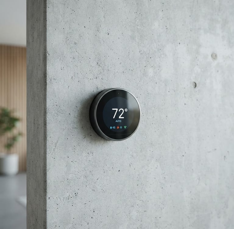 Sleek, modern smart thermostat integrated seamlessly into a minimalist concrete wall, bright indirect daylight, cool desaturated tones, sharp focus, high-end consumer electronics aesthetic.