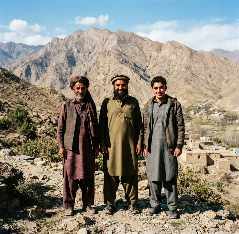 A wide environmental photojournalistic portrait of three men—representing Balochi, Pathan, and Hazara ethnicities—standing together in the rugged, sun-drenched mountainous landscape of Quetta, natural high-contrast daylight, dramatic shadows, raw documentary style.