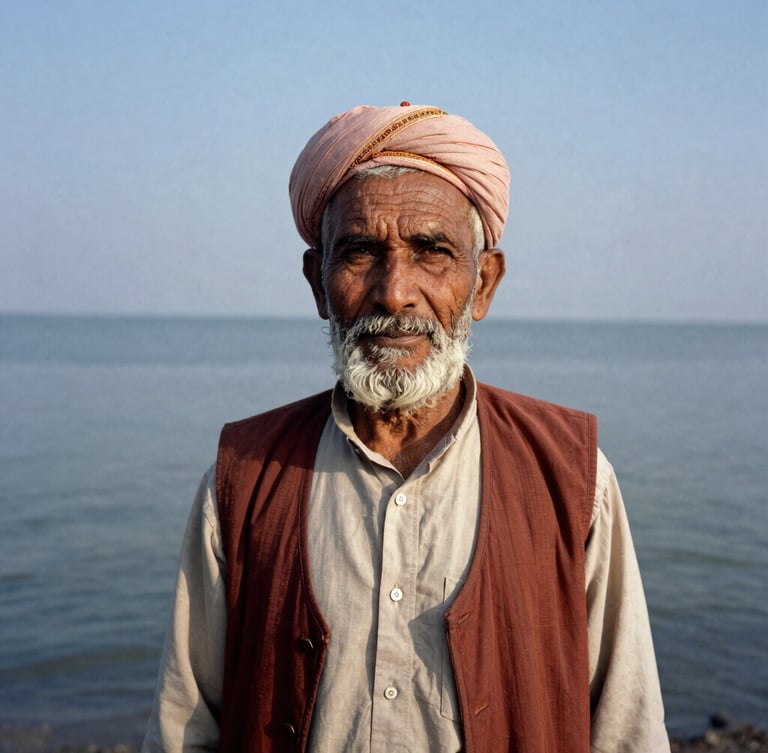 Intimate portrait of an elderly Balochi fisherman on the Gwadar coast, natural high-contrast daylight, deep saturated earth tones, 35mm documentary photography.