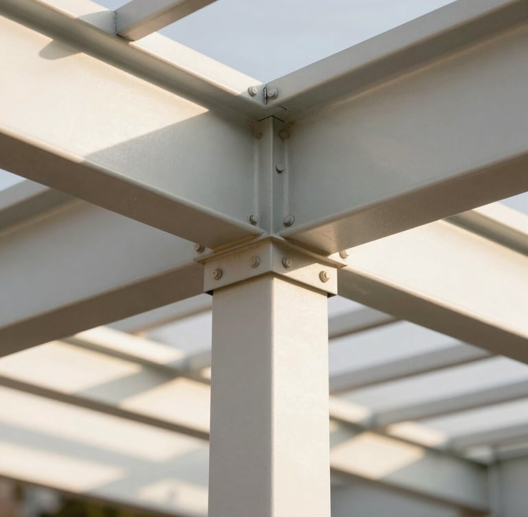 Close-up of a premium powder-coated metal pergola joint, architectural detail, sharp geometric shadows, warm sunlight, clean lines