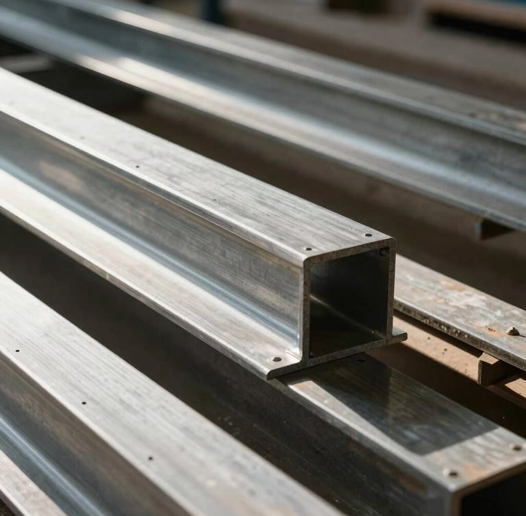 Industrial workshop setting with clean metal profiles, steel beams ready for architectural installation, high-contrast industrial light