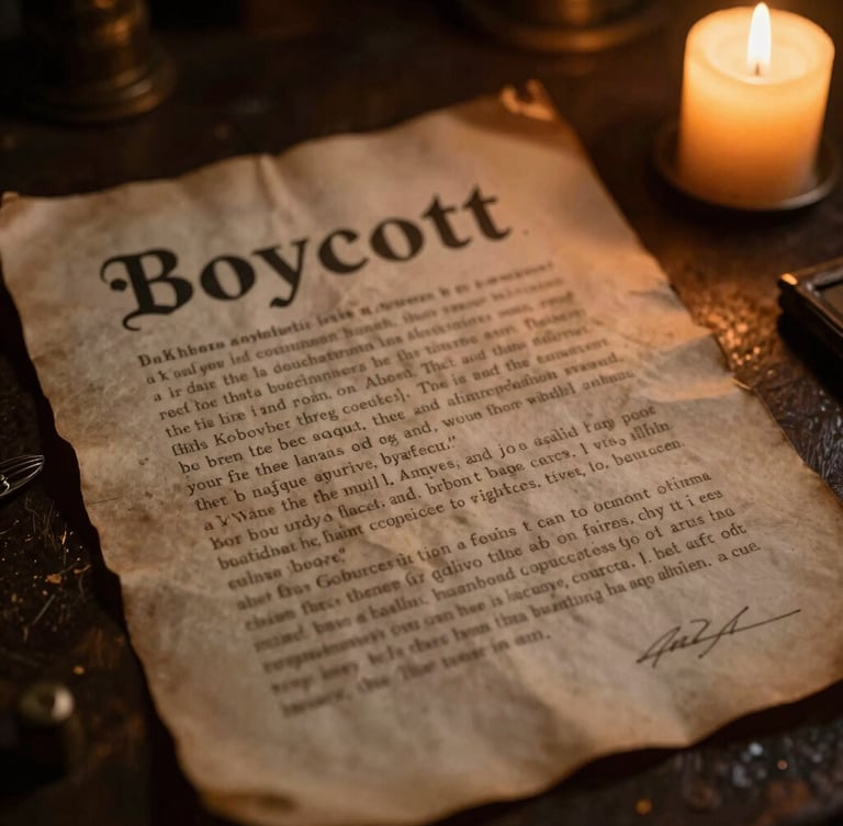 Atmospheric close-up of a hand-drafted 18th-century boycott declaration on stained parchment, dramatic low-key candlelight, deep amber tones.