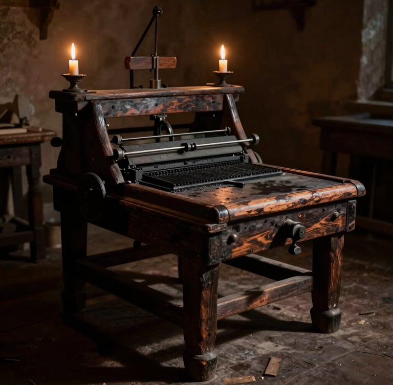 A dramatic chiaroscuro shot of an active 18th-century printing press, ink-stained wood, low candlelight casting long shadows.