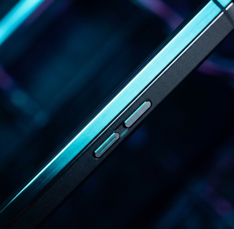 Extreme macro close-up of a premium mobile device edge, sharp metallic bezel reflecting glowing neon cyan light, dark moody background with deep blue shadows, high-contrast tech aesthetic.