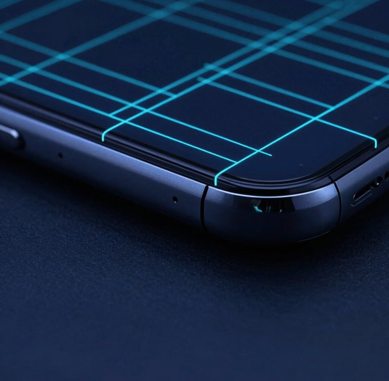 Macro shot of a sleek dark smartphone edge reflecting sharp cyan neon vector grid lines, high-contrast cyber-minimalist schematic overlay, deep blue shadows