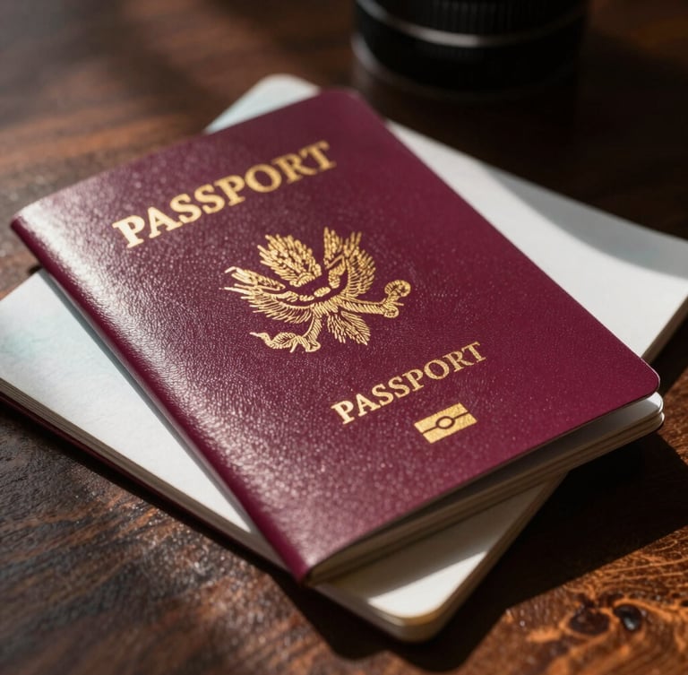 Close-up macro shot of premium travel documents and passport pages resting on a dark walnut desk, sharp architectural shadows, warm golden light catching the textured paper.