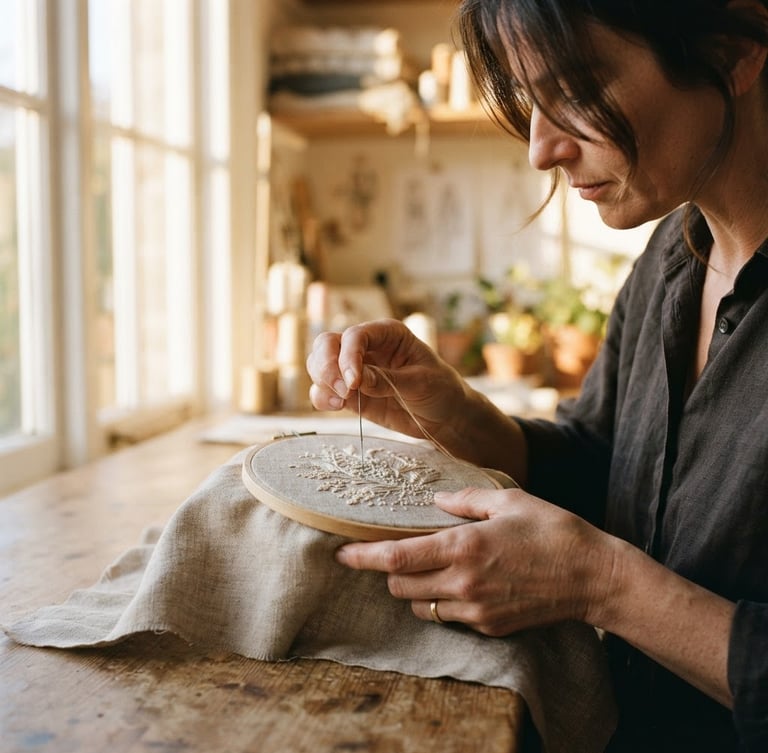 Portrait of a lead designer in a sun-drenched atelier, focused on delicate hand-guided embroidery on a neutral linen fabric, warm golden-hour window light, editorial crop-in on hands and fabric, shallow depth of field.