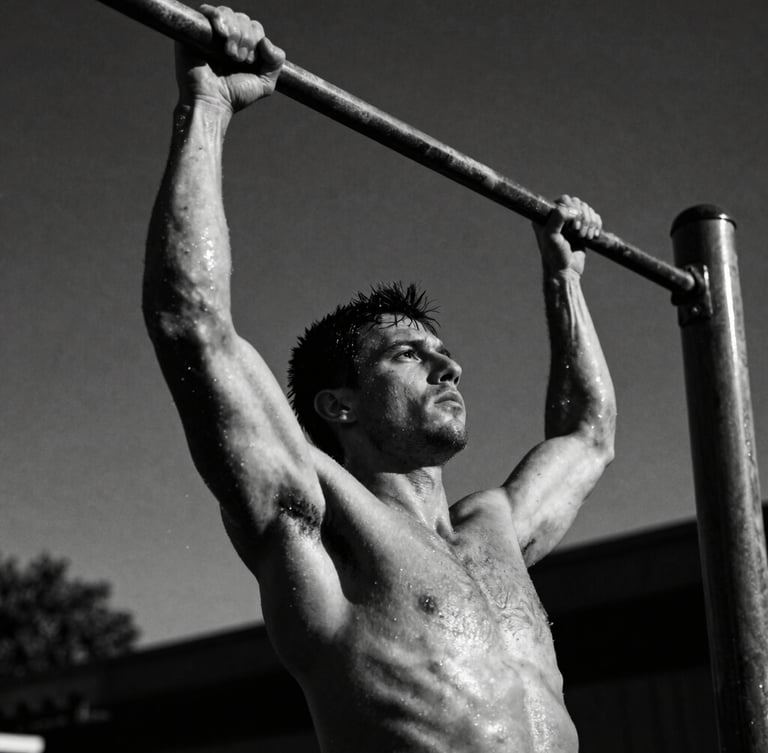 Gritty dramatic monochrome photography, low-angle shot of a muscular man doing a muscle-up on outdoor metal bars, harsh side lighting, deep shadows, raw sweat, 35mm film