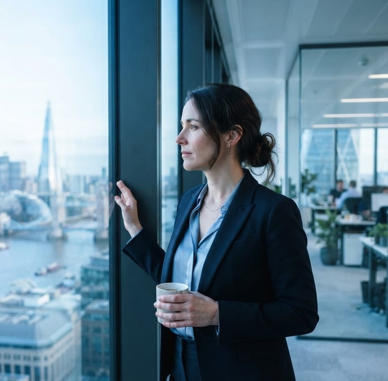 A mid-career professional in a bright, modern London office, looking thoughtfully out a large window, natural light, cool blue tones, shallow depth of field.