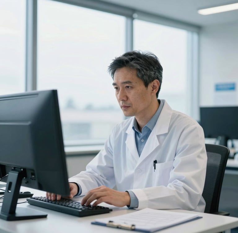 A professional mid-career engineer in a modern UK laboratory looking at data on a screen, bright natural window light, cool blue tones, shallow depth of field