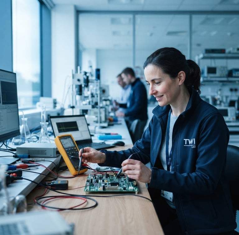 A professional mid-career engineer in a clean modern UK research facility, soft natural window light, shallow depth of field, cool blue tones