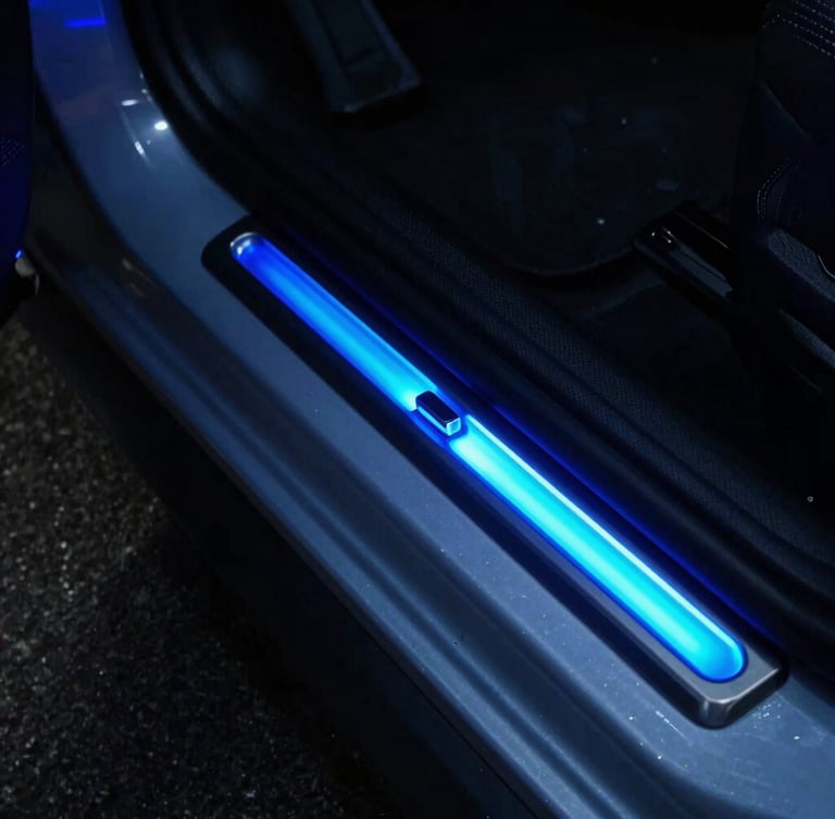 Close-up of a car door threshold with an LED door sill, highlighting the small magnetic trigger placement on the door frame, moody lighting, neon blue glow, 35mm lens
